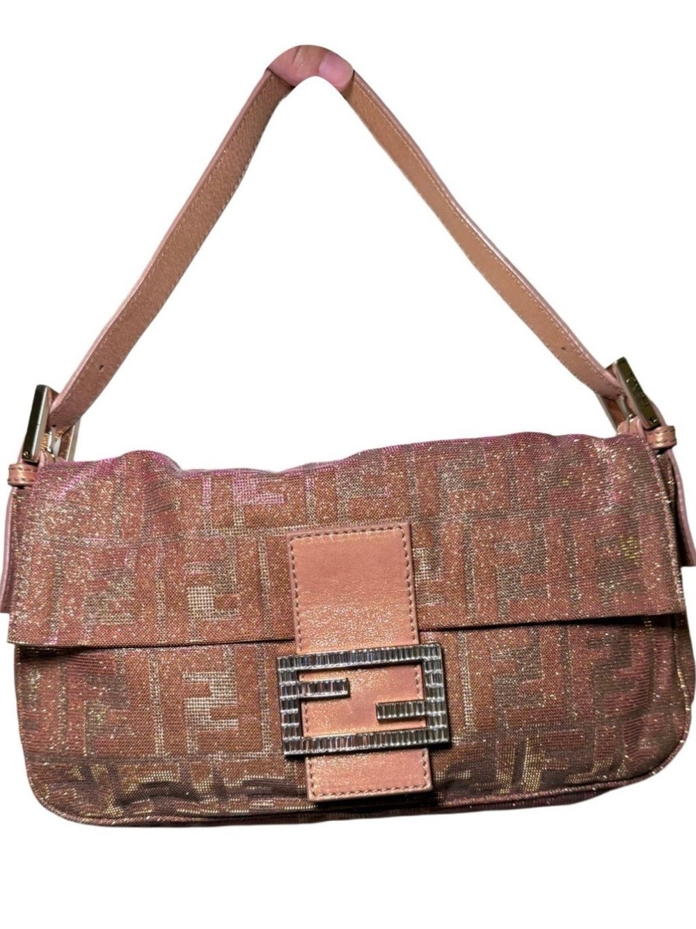 *RARE* Vintage Fendi Metallic Pink Baguette Bag w Crystal Buckle